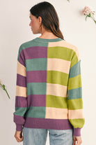 Green Stripe Colorblock Drop Shoulder Ribbed Edge Sweater Sweaters 0494e6e1ff4be244