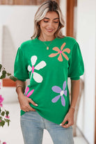 Bright Green 60s Floral Bubble Short Sleeve Knitted Top Knit Tops 04a20efdb08e83ff