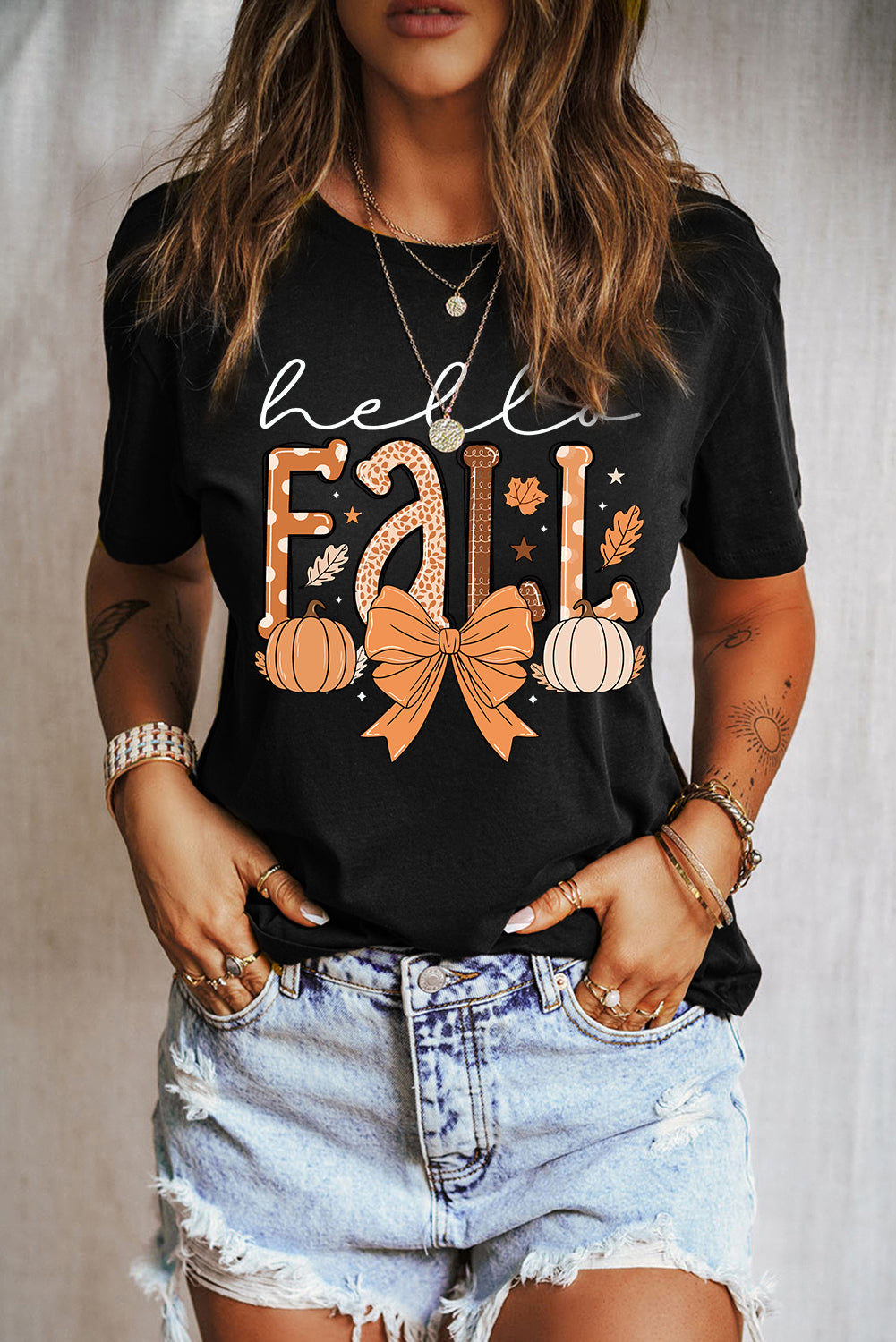 Black Hello Fall Thanksgiving Bow Pumpkin Heat Transfer Printing Graphic Tee Graphic Tees 04b2fb8728ff84b5
