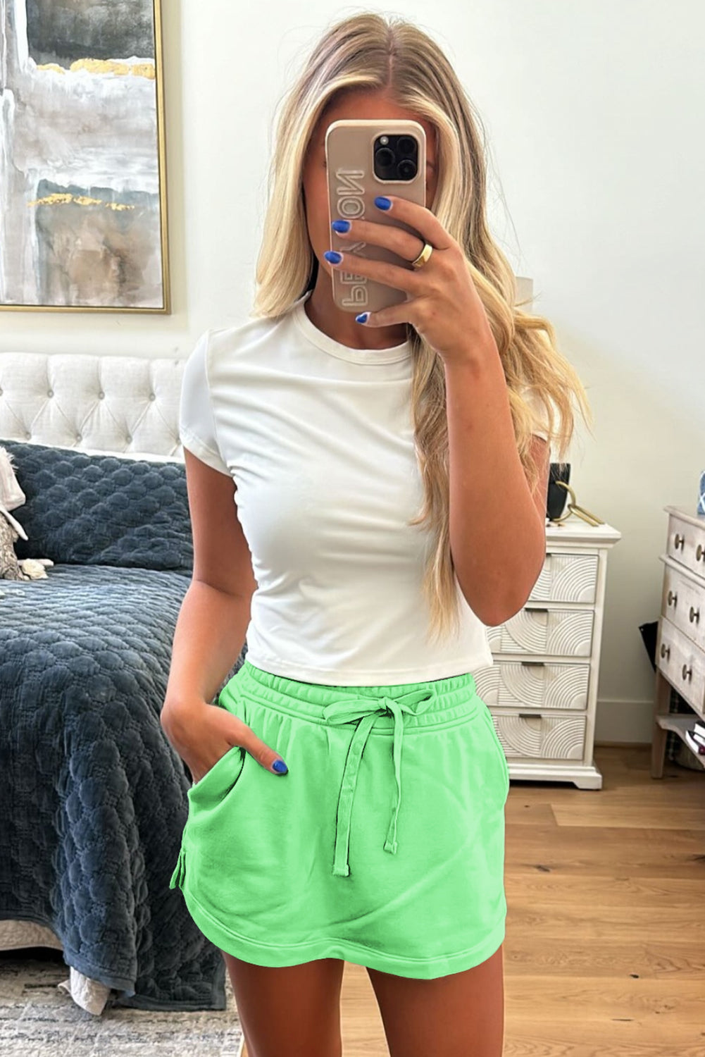 Light Green French Terry Drawstring Mini Skort with Pockets Shorts 04f0d07a8573626e