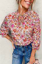 Pink Floral Print Tie Split Neck Bracelet Sleeve Blouse Blouses 050069972d2a5b90