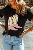 Black Floral Boots Heat Transfer Printing Graphic T Shirt Graphic Tees 0513315dd33b1576