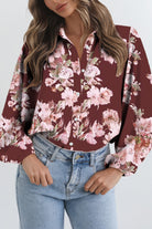 Brown Floral Puff Sleeve Lightweight Shirt Blouses 051c7d29bacb6c15