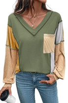 Jungle Green Exposed Stitching Colorblock V Neck Long Sleeve Top Long Sleeve Tops 052654181452320e