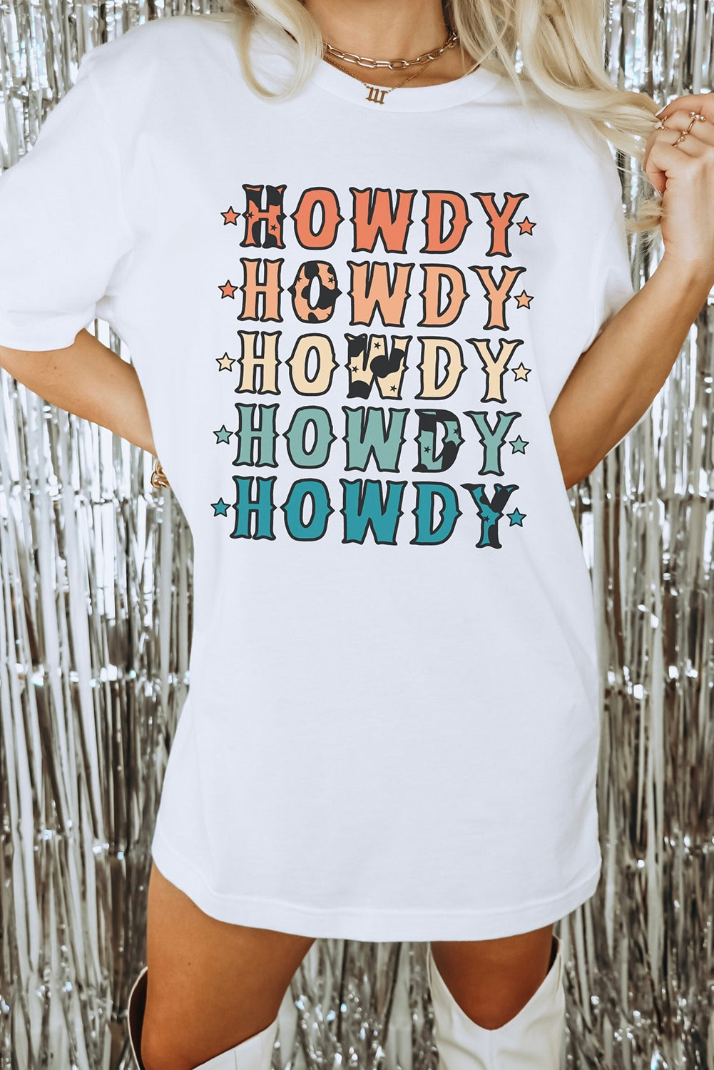 White HOWDY Stars Heat Transfer Printing Crew Neck Loose Fit T Shirt Graphic Tees 05345eb5721fc58e