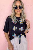 Black Cheerful Sequin Bow Patched Game Day T Shirt Graphic Tees 053af3c84cbb0965