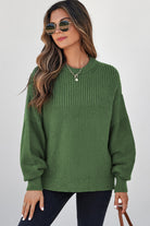 Vineyard Green Solid Color Mixed Textured Knitted Crew Neck Sweater Sweaters 053cfe99577556e7