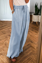 Sky Blue Stripe Chambray Wide Leg Tied Elastic Waist Trousers Pants 05403bf30e59ff3f