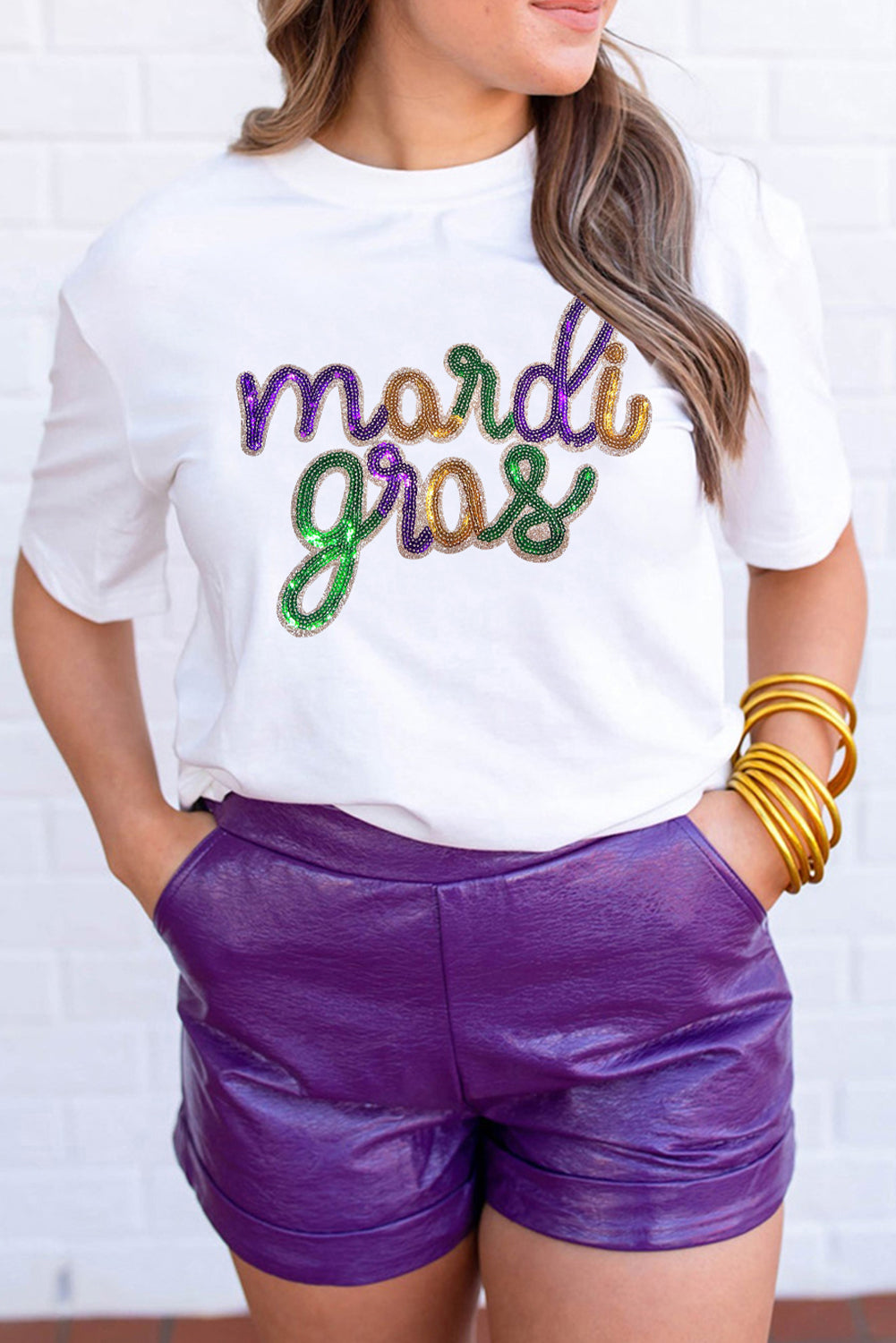 Wisteria Sequin mardi gras Letter Print Crewneck Tee Graphic Tees 057a9f78ec06ef17