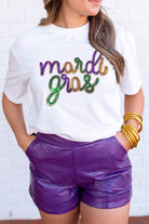 Wisteria Sequin mardi gras Letter Print Crewneck Tee Graphic Tees 057a9f78ec06ef17