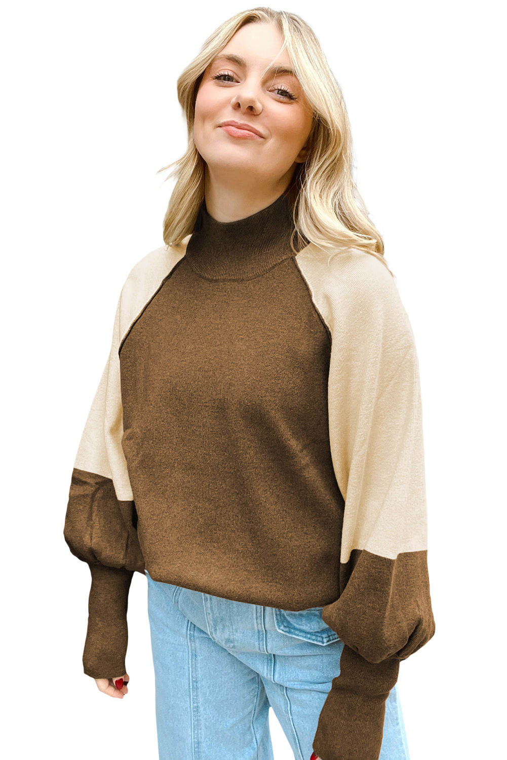 Desert Palm Colorblock Raglan Puff Sleeve Mock Neck Sweater Sweaters 05ad637850c862d1