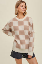 Parchment Checkered Pattern Ribbed Trim Knit Baggy Sweater Sweaters 05d3bd7866be7833
