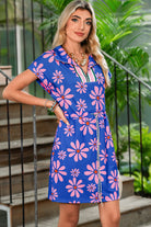 Purple Pop of Color Quarter Zip Collar Drawstring Waist Floral Mini Dress Short Dresses 05d5fbdcba63f806