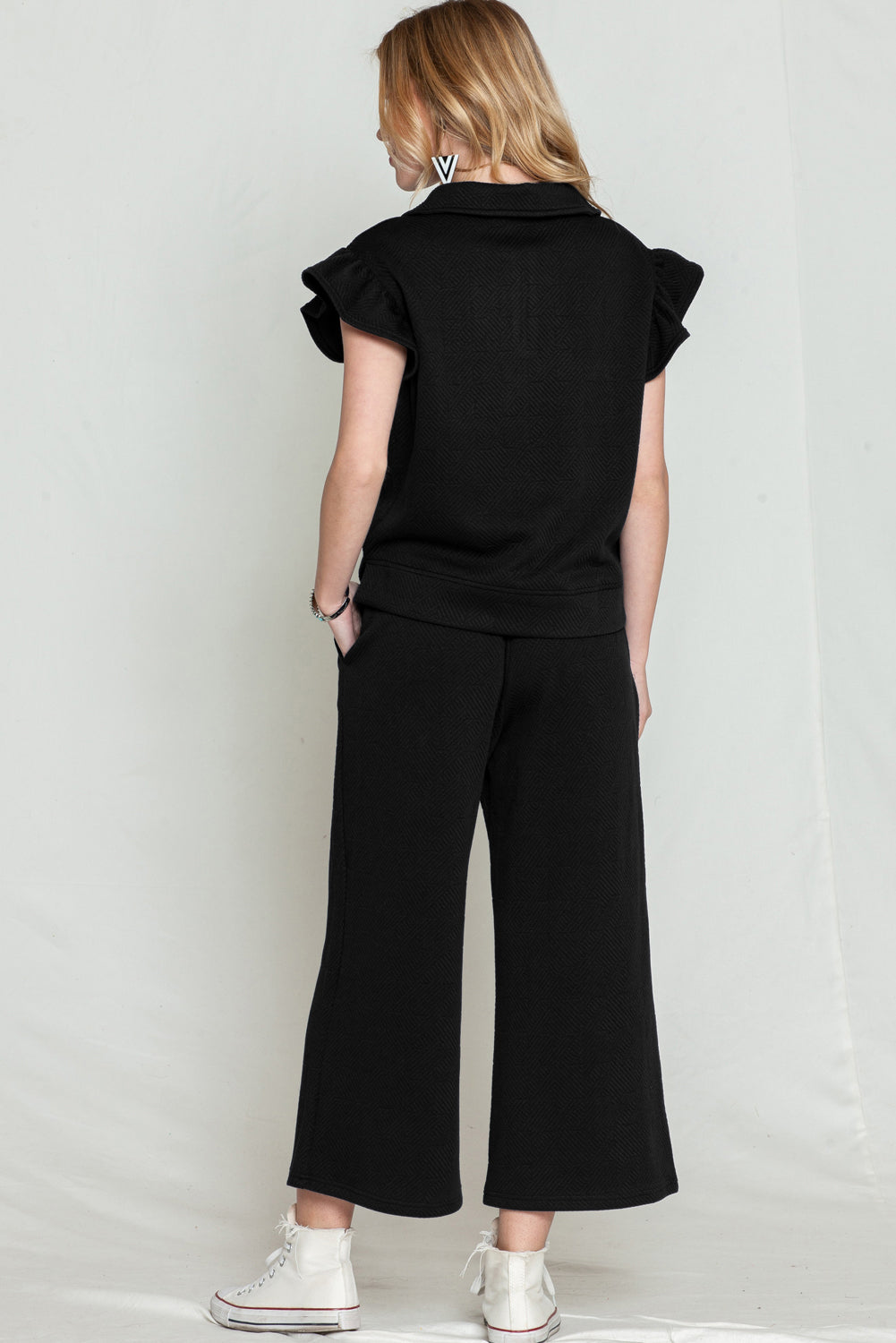 Black Textured Ruffle Cap Sleeve Top and Wide Leg Pants Set Two Piece Pants Sets 05f3f0c91f240f09