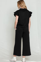 Black Textured Ruffle Cap Sleeve Top and Wide Leg Pants Set Two Piece Pants Sets 05f3f0c91f240f09
