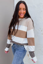 Brown Mixed Texture Knit Striped Colorblock Loose Sweater Sweaters 05fadc41af4c2e55