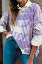 Lilac Plaid Print Ribbed Trim Loose Sweater Sweaters 05fd849ae0d40c4a