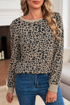 Brown Ribbed Trim Leopard Print Long Sleeve Top Long Sleeve Tops 06340aefca3be970