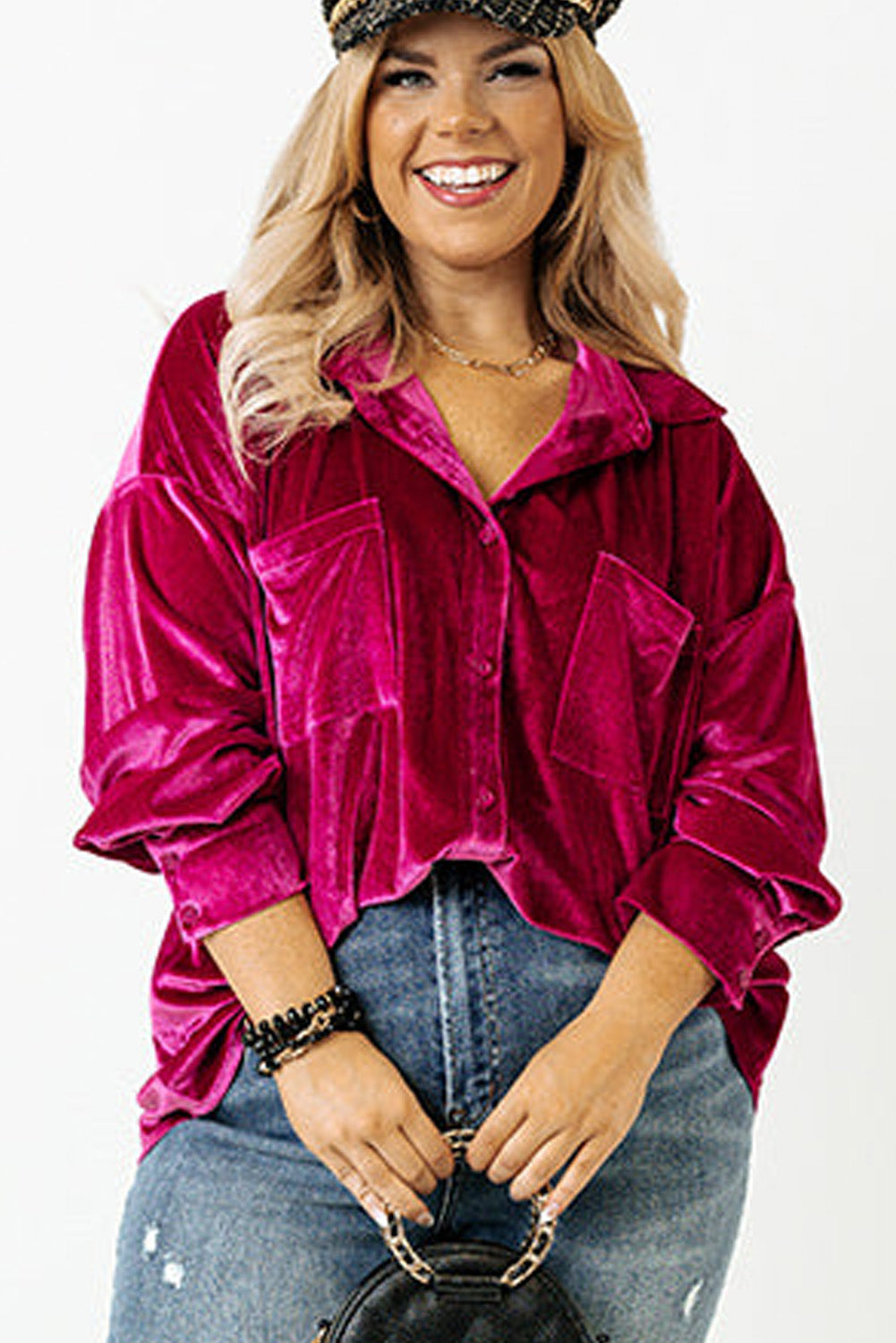 Bright Pink Plus Size Velvet Chest Pocket Drop Shoulder Shirt Plus Size Tops 06399859c0e66ade