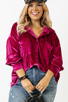 Bright Pink Plus Size Velvet Chest Pocket Drop Shoulder Shirt Plus Size Tops 06399859c0e66ade