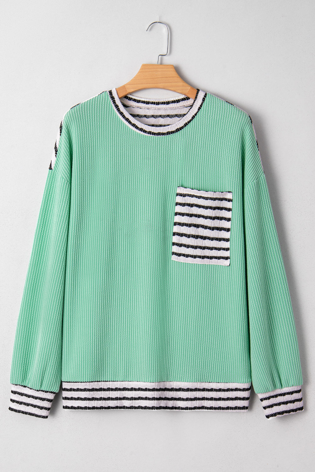 Sea Green Twisted Ribbed Contrast Round Neck Striped Patchwork Long Sleeve Top Long Sleeve Tops 063a0d18466cb831