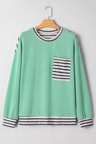 Sea Green Twisted Ribbed Contrast Round Neck Striped Patchwork Long Sleeve Top Long Sleeve Tops 063a0d18466cb831