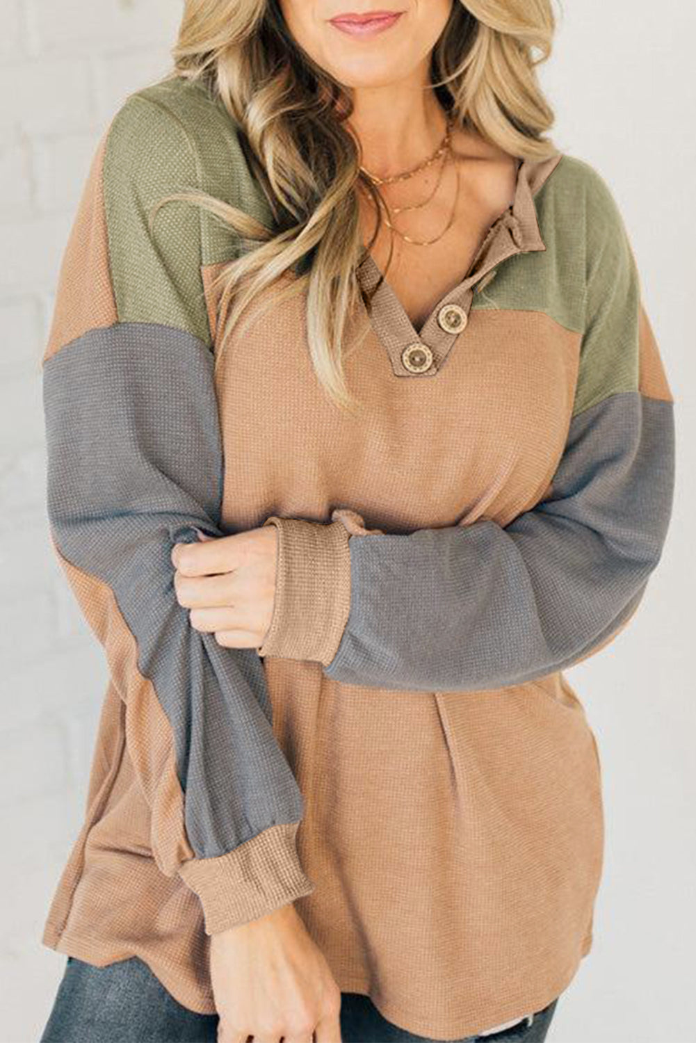 Buckskin Colorblock Thermal Waffle Knit Drop Shoulder Henley Top Long Sleeve Tops 063caae8ca3f013b