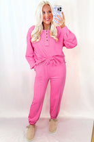 Bright Pink Raw Edge Henley Pullover and Jogger Pants Set Two Piece Pants Sets 063e2b13f92c79ef