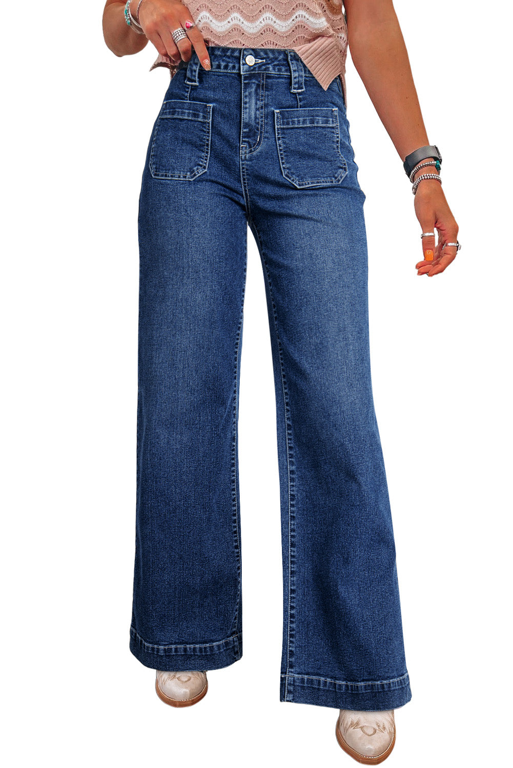 Sail Blue Wide Leg Pocketed High Waist Jeans Jeans 063e89ac55135271