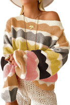 Yellow Wave Striped Balloon Sleeve Drop Shoulder Sweater Sweaters 065f1bc0d3f1888e