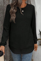 Ribbed Texture Round Neck Long Sleeve Rounded Hem Top Long Sleeve Tops 0679928085087326