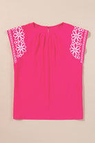 Strawberry Pink Floral Embroidered Flutter Sleeve Pleated Plus Size Blouse Plus Size Tops 06893c274b98d3c2