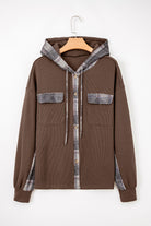 Brown Plaid Patchwork Button Down Drawstring Hooded Shacket Jackets 072b94039fcc2ca9