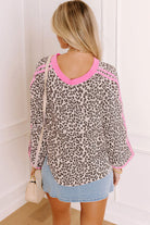 Khaki Leopard Print Contrast V Neck Varsity Stripe Detail Long Sleeve Top Long Sleeve Tops 0749a81ad2233503