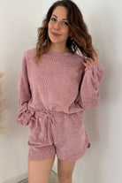 Fushia Textured Knit Drop Shoulder Pullover Drawstring Shorts Set Two Piece Shorts Sets 074ef37cf9b7e0dd