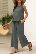 Duffel Green Solid Color Ribbed Ruffle Tank Top and Pants Set Two Piece Pants Sets 0769042b97443526
