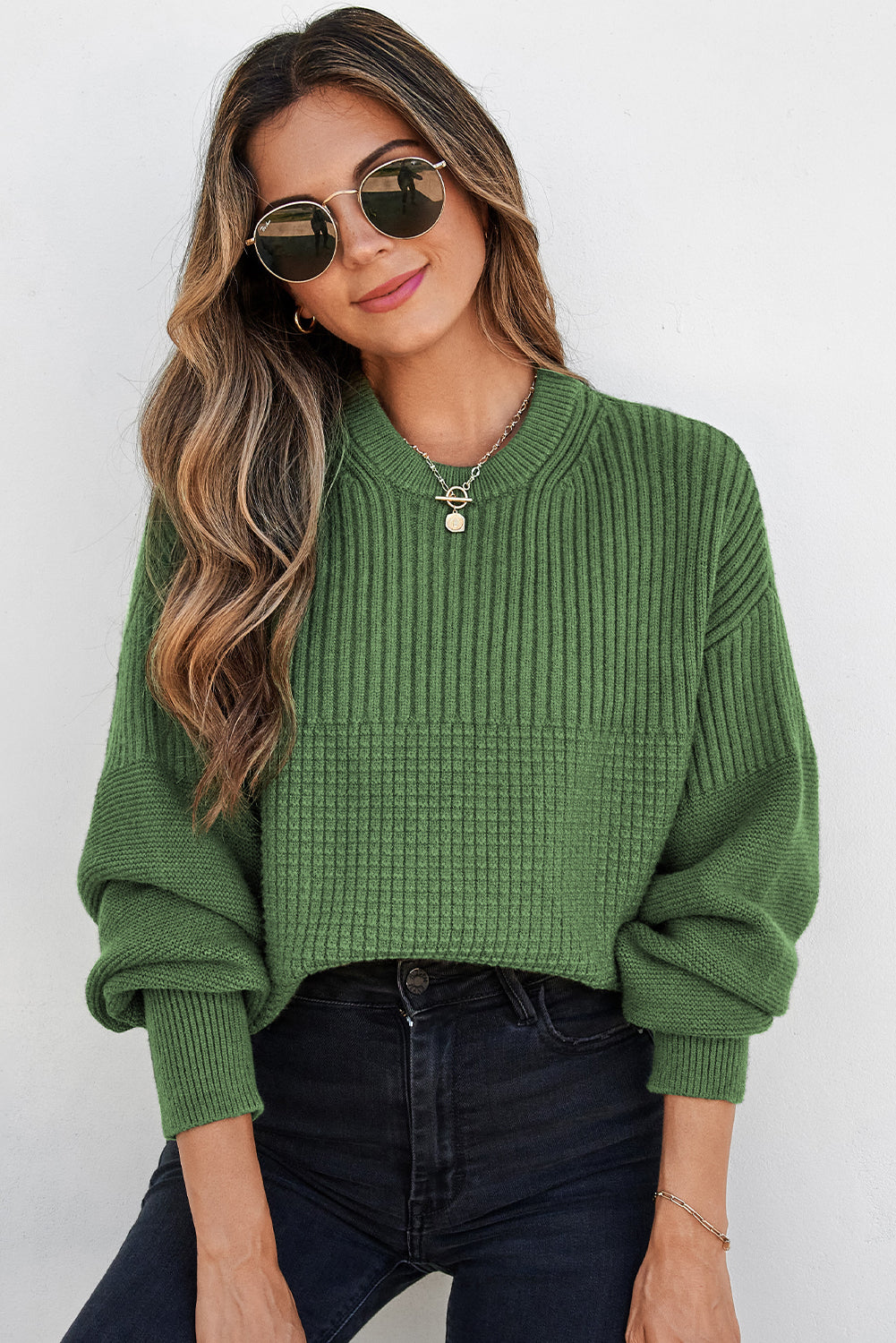 Vineyard Green Solid Color Mixed Textured Knitted Crew Neck Sweater Sweaters 077628ac33330034