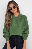 Vineyard Green Solid Color Mixed Textured Knitted Crew Neck Sweater Sweaters 077628ac33330034