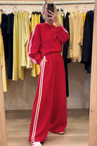 Dirty Blue Varsity Striped Detail Cropped Pullover Wide Leg Pants 2pcs Outfit Two Piece Pants Sets 077cba4dcbed9174