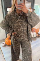 Brown Allover Leopard Print Pullover Drawstring Loose Pants Set Two Piece Pants Sets 078819924a1da81f