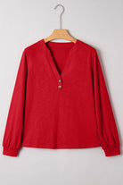 Racing Red Casual Button V Neck Long Sleeve Top Long Sleeve Tops 07d027c22f7aa04a
