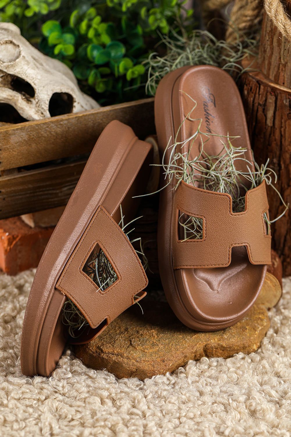 Chestnut Cutout Open Toe Platform Slides Shoes Slides Shoes + Flip Flops 07d7012beb5be1b1