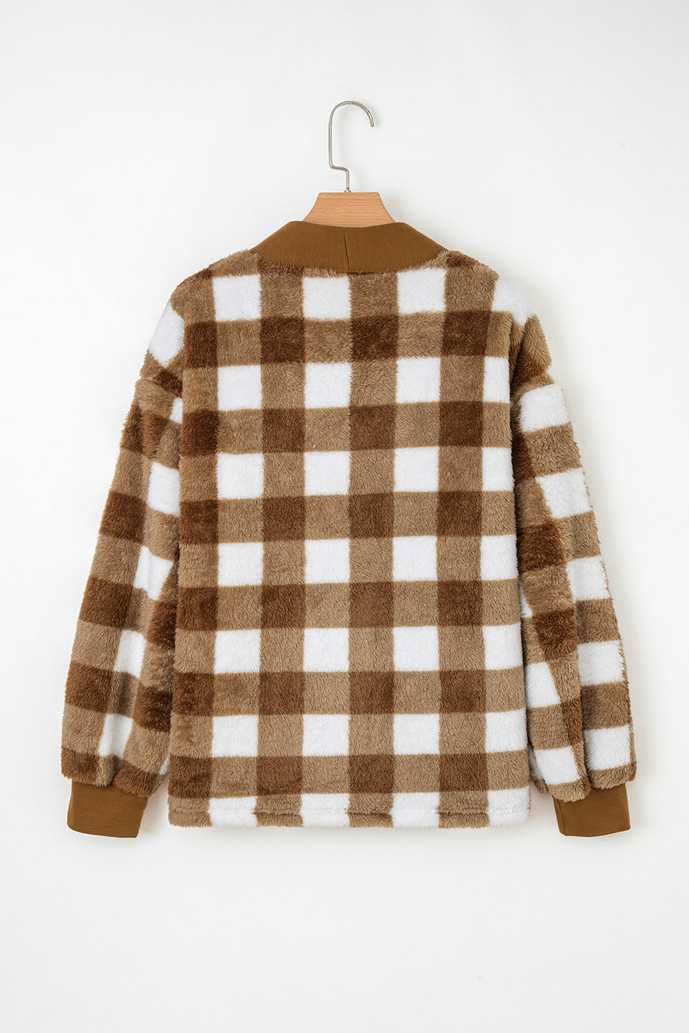 Brown Checkered Sherpa Loose Knit Cardigan with Pockets Cardigans 07ef283d2bd95734