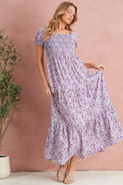 Purple Floral Short Bubble Sleeve Smocked High Waist Maxi Dress Maxi Dresses 0816302b3e5c9d64
