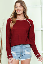 Red Exposed Seam Textured Pullover Long Sleeve Top Long Sleeve Tops 086606dc9953634e
