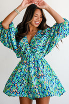 Green Abstract Print Batwing Sleeve V Neck High Waist Romper Rompers 08748161f06ff188