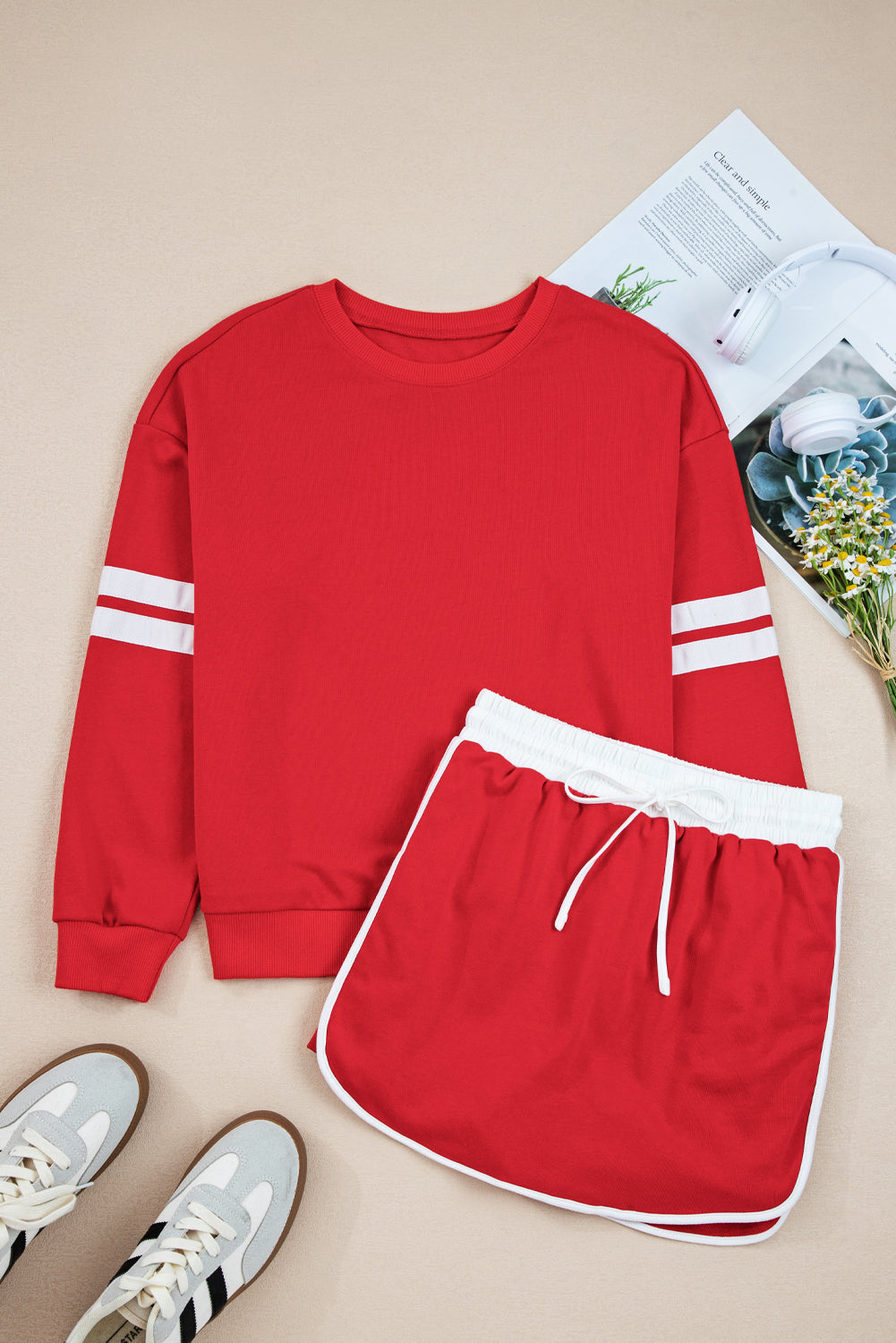 Sky Blue Varsity Stripe Detail Drop Shoulder Pullover Mini Skort Set Two Piece Shorts Sets 08ca2ee1e5b12f1b