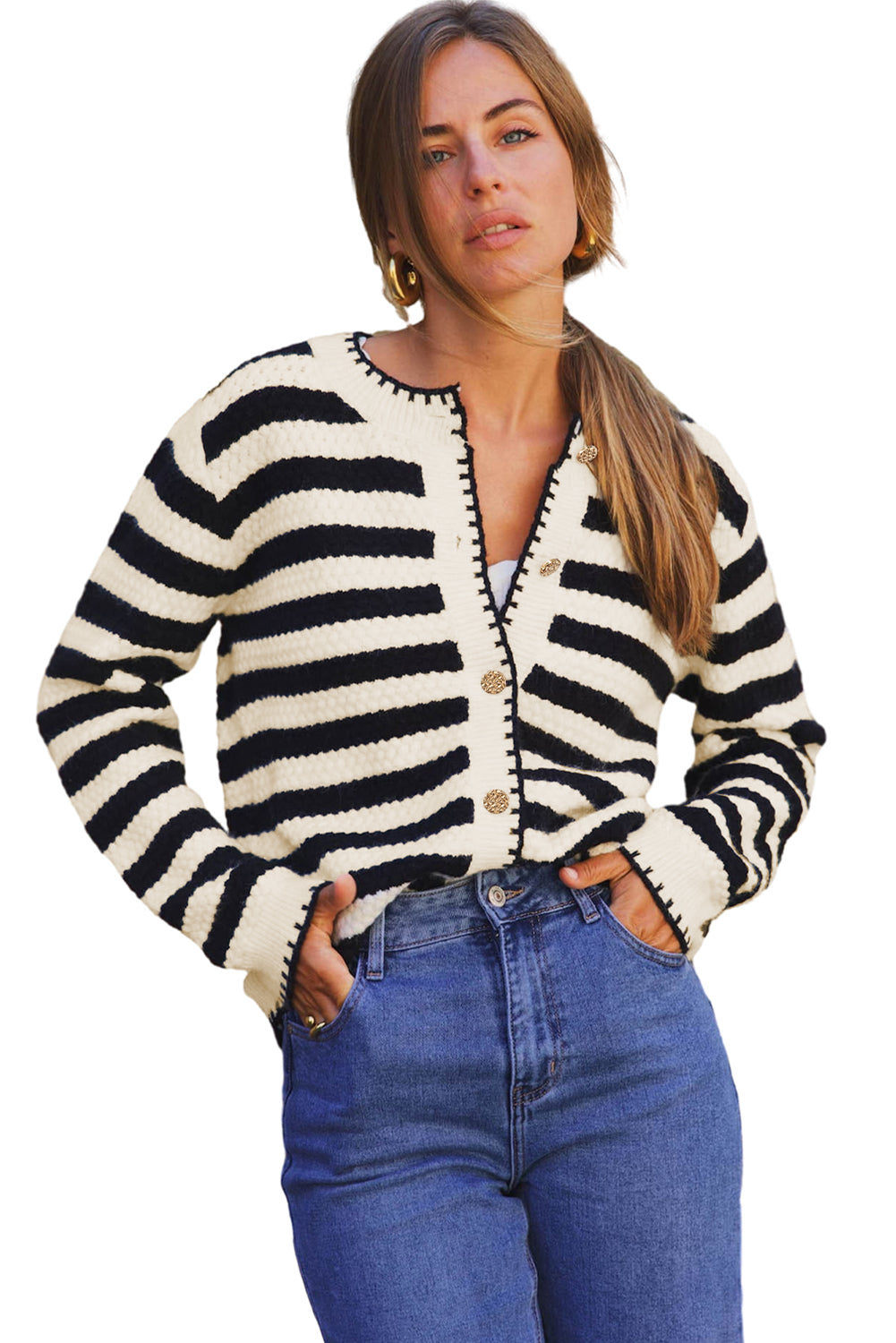 Black Striped Chic Button Round Neck Knit Cardigan Cardigans 08d4f28cb20fed1c