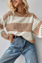 Khaki Two Tone Striped Patchwork Drop Shoulder Sweater Sweaters 08d561544b74e972