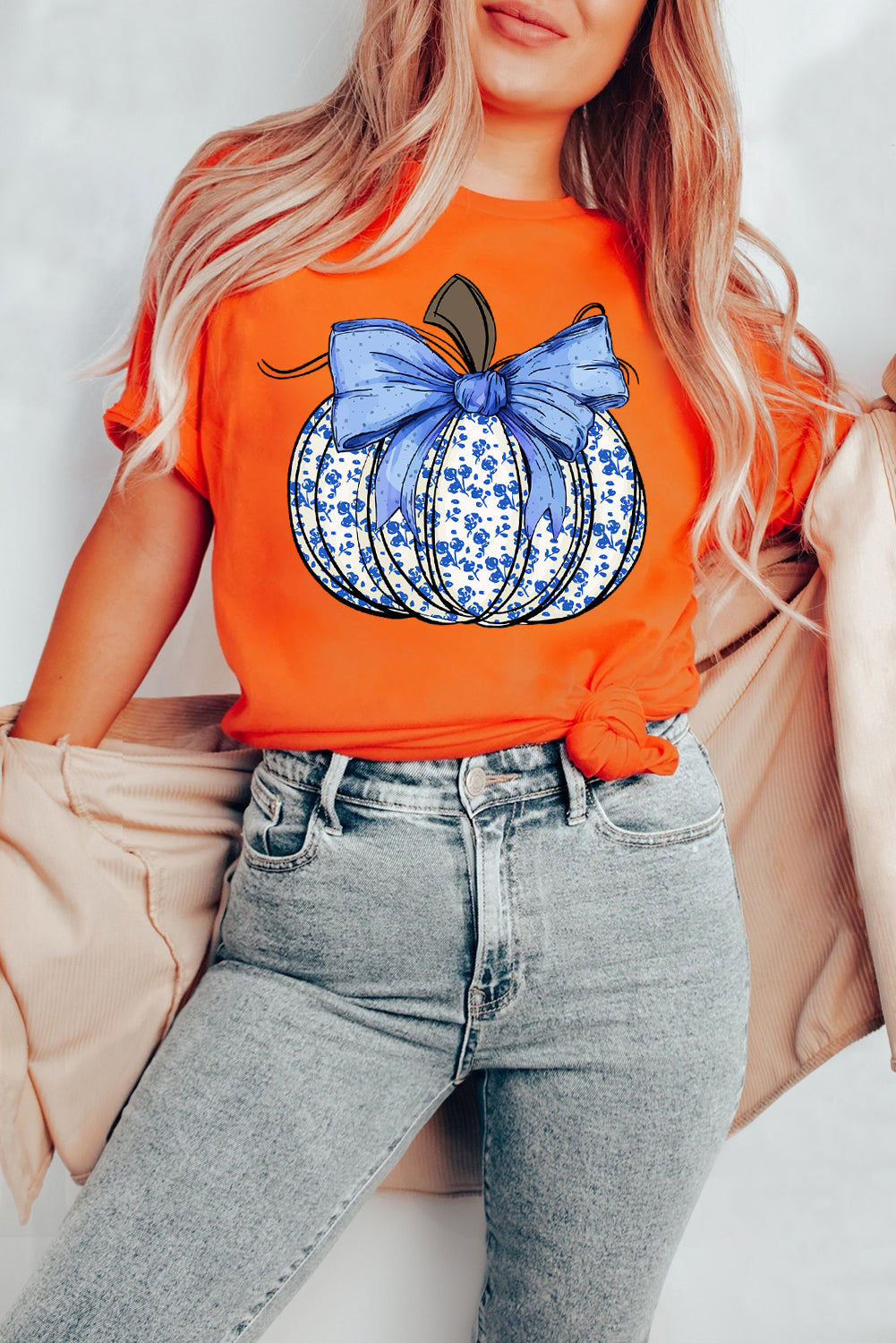Orange Floral Pumpkin Bow Heat Transfer Printing Thanksgiving T Shirt Graphic Tees 08f1a12da5c518b2